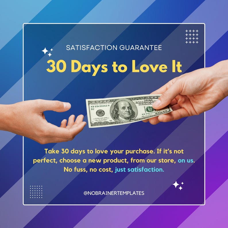 Puede incluir: Imagen con un fondo degradado azul y morado. El texto dice "GARANT&Iacute;A DE SATISFACCI&Oacute;N" y "30 d&iacute;as para amarlo". Una mano ofrece un billete de 100 d&oacute;lares a otra mano. El texto de abajo indica la garant&iacute;a de satisfacci&oacute;n.
