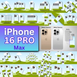以下が含まれることがあります： 緑と青の風景模様のiPhone 16 Pro Maxの携帯電話ケースのデザイン。ケースは複数の色と角度で表示されています。電話はデザートチタンとホワイトチタンの色で表示されています。テキスト「iPhone 16 Pro Max」は大きなフォントで表示されています。