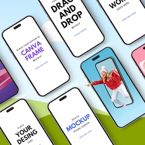Peut inclure: Maquette d'un écran de smartphone avec le texte "Place your design in Canva Frame" et "Drag and Drop". Le téléphone est sur un fond bleu et vert.
