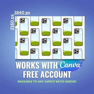 Może przedstawiać: Cyfrowa ilustracja powtarzającego się wzoru makiet smartfonów z niebieskim niebem, białymi chmurami i zielonym tłem trawy. Tekst "WORKS WITH Canva FREE ACCOUNT" znajduje się pod wzorem. Tekst "RESIZABLE TO ANY ASPECT RATIO NEEDED" znajduje się pod tekstem.