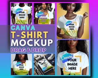 Könnte beinhalten: Ein Mockup eines weißen T-Shirts mit einem rechteckigen Bereich zum Hinzufügen eines Bildes oder Designs. Der Text "Canva YOUR IMAGE HERE" wird in einem gelben Kasten auf dem T-Shirt angezeigt. Das Mockup wird auf verschiedenen Modellen und Hintergründen gezeigt.