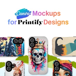 Puede incluir: Cinco maquetas de fundas de teléfono con diferentes diseños. Los diseños incluyen una calavera con una corona, un gato, una portada de cómic, una mujer con el pelo de colores y un hombre musculoso.