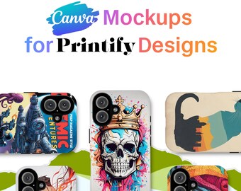 Può includere: Cinque diverse mock-up di cover per telefono con vari design. I design includono un teschio con una corona, un gatto, una copertina di fumetto, una donna con i capelli colorati e un uomo muscoloso.