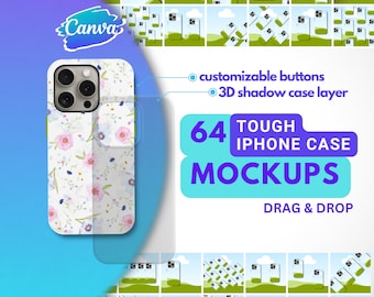 64 iPhone Tough Case Mockups, Customizable Canva Template (Digital Download)