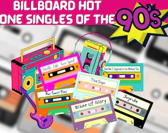 Op de afbeelding: Een verzameling cassettebandjes met songtitels uit de jaren 90, waaronder "Smells Like Teen Spirit", "One Sweet Day", "The Sign", "How Am I Supposed to Live Without You", "Blaze of Glory" en "Joyride".