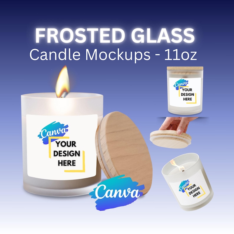 Puede incluir: Maquetas de velas de vidrio esmerilado con tapas de madera. La imagen muestra velas encendidas y apagadas con el texto "Canva" y "YOUR DESIGN HERE" en las etiquetas. El tama&ntilde;o de la vela es de 11 oz.