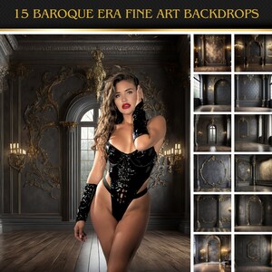 Może przedstawiać: Kobieta w czarnym skórzanym body pozuje w ciemnym pokoju z złotymi akcentami. Pokój ma duże okno i ozdobne detale. Tło to kolaż 15 różnych pokoi w stylu barokowym.
