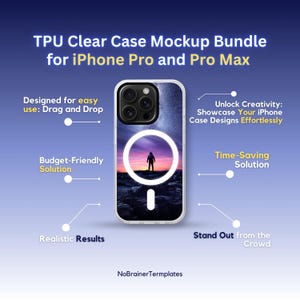 May include: A clear TPU case mockup bundle for iPhone Pro and Pro Max. The case features a design with a person silhouetted against a sunset. Text includes "Designed for easy use: Drag and Drop", "Unlock Creativity: Showcase Your iPhone Case Designs Effortlessly", "Budget-Friendly Solution", "Realistic Results", "Time-Saving Solution", and "Stand Out from the Crowd".