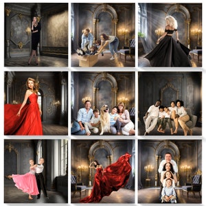 Może przedstawiać: Kolekcja dziewięciu obrazów prezentujących różne tła do fotografii. Każdy obraz przedstawia inną scenę z różnymi ludźmi, zwierzętami i rekwizytami, wszystkie umieszczone na tle wielkiego, ozdobnego pokoju z złotymi akcentami i ciemnymi drewnianymi panelami.