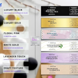 Peut inclure: Modèles d'étiquettes de savon de 9 pouces sur 2 avec différents arrière-plans et designs de couleurs. Les étiquettes présentent divers parfums et ingrédients, notamment l'amande et le lait de miel, le lait et le miel, le romarin et la menthe, le bois de santal et le patchouli, la lavande et le romarin, et le frangipanier et le gardénia.