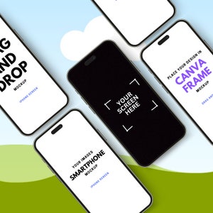 Puede incluir: Vista cenital de varios smartphones negros con pantallas blancas. Algunas pantallas muestran texto como "Drag and Drop Mockup" y "Your Screen Here". El fondo es un degradado de azul y verde, sugiriendo un tema digital o tecnológico.