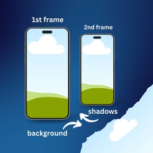 May include: Two images of a smartphone screen showing a simple landscape with a green hill, blue sky, and a white cloud. The first image is labeled "1st frame" and the second image is labeled "2nd frame". The second image has a shadow cast from the cloud on the hill. The text "shadows" is written next to the second image with an arrow pointing to the shadow. The text "background" is written next to the first image with an arrow pointing to the background.