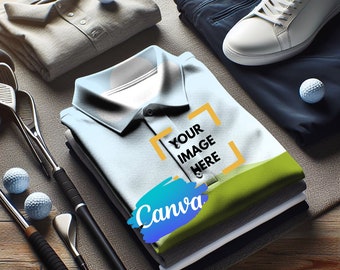 Golf polo shirt Canva Mockup.Business casual polo mockup.High-res image Apparel mockup. Mock up clothing. Spring Summer fall t-shirt mockup