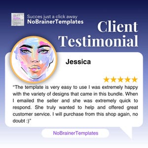 Puede incluir: Gr&aacute;fico digital con un testimonio de cliente. La imagen presenta un retrato estilizado, una cita y una calificaci&oacute;n de cinco estrellas. El texto dice "Client Testimonial" y "NoBrainerTemplates."