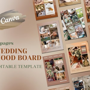Plantilla de tablero de estado de ánimo para bodas, planificador digital editable de Canva para la planificación de bodas, tablero de visión de temas de bodas y guía de diseño