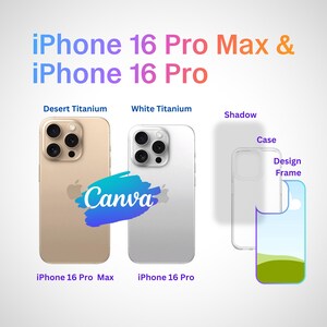 Peut inclure: Deux modèles d'iPhone, l'iPhone 16 Pro Max et l'iPhone 16 Pro, sont présentés en couleurs titane désert et titane blanc. Les téléphones sont affichés à côté d'une coque de téléphone transparente avec un design de paysage.