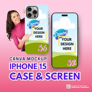 Könnte beinhalten: Ein Mockup eines iPhone 15-Gehäuses und -Bildschirms mit einem grünen und blauen Landschaftsdesign. Der Text "Canva" und "Your Design Here" wird sowohl auf dem Gehäuse als auch auf dem Bildschirm angezeigt. Das Gehäuse hat die Nummer "36" und der Bildschirm die Nummer "32" darauf.