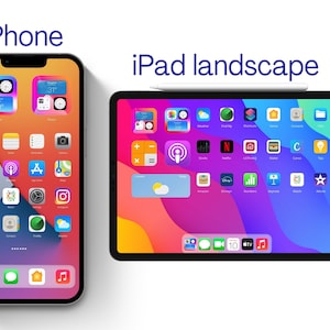 May include: A side-by-side comparison of an iPhone and an iPad in landscape mode. The iPhone screen displays a variety of app icons, including the Apple TV app, the Podcast app, and the Maps app. The iPad screen displays a similar set of app icons, including the Weather app, the Find My app, and the Shortcuts app.