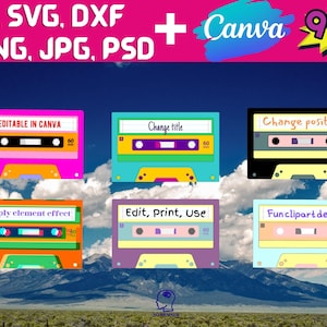 90&#39;s cassette tape PNG sublimation design. 5 PNG clipart editable in Canva. Ai, DXF, Jpg, Png, Psd and Svg files available. Edit song names