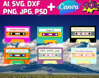 Op de afbeelding: Zes kleurrijke cassettebandontwerpen met tekst op elk. De tekst omvat "Editable in Canva", "Change title", "Change position", "Apply element effect", "Edit, Print, Use" en "Funclipart design". De banden zijn geplaatst tegen een achtergrond van een blauwe lucht met witte wolken en een bergketen.