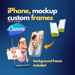 May include: A mockup of an iPhone with a customizable frame. The image shows a cartoon character holding a card that says "Drag & Drop" and a woman looking at a phone screen. The text "Canva" is visible in the image.