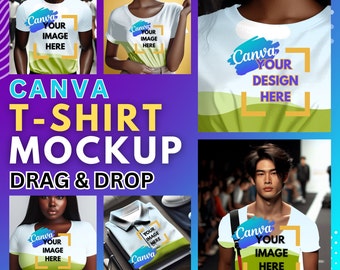 Könnte beinhalten: Ein Mockup eines weißen T-Shirts mit dem Text "Canva Your Image Here" in einem Kasten. Das T-Shirt wird von einer Person mit dunkler Hautfarbe getragen. Das Bild ist Teil einer größeren Grafik, die "Canva T-Shirt Mockup Drag & Drop" sagt.