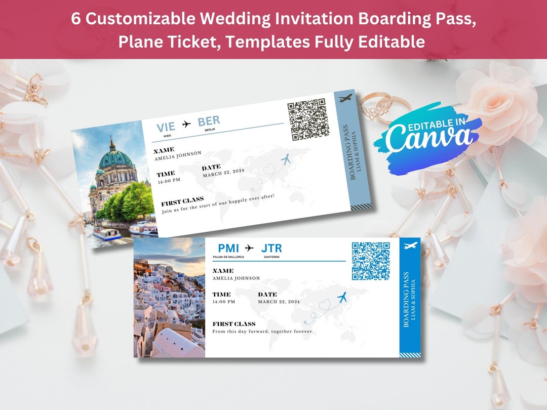 Canva Editable Boarding Pass Wedding Invitation Template, Printable