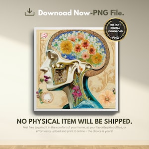 May include: A digital download of a vintage anatomical illustration of a human head with flowers growing inside. The illustration is in shades of blue, green, yellow, and pink.
