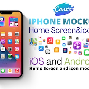 iPhone and iPad mockup bundle of 7. Canva portrait and landscape mode. Social media mockup home screen. Drag and drop iOS 14 icons
