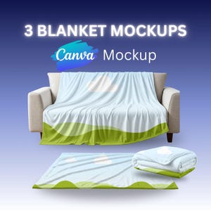 May include: Three blanket mockups are displayed against a gradient blue background. The blankets feature a light blue sky design with white clouds and a green landscape border. The text "3 BLANKET MOCKUPS" and "Canva Mockup" are visible.