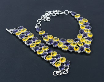 Handmade Art Deco Amethyst Citrine 925 Sterling Silver Necklace