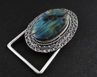 Natural Blue LABRADORITE Hand Polish Gemstone Handcrafted 925 Sterling Silver Vintage Buckle Fo r Gift Many Occasion For Men men accessories