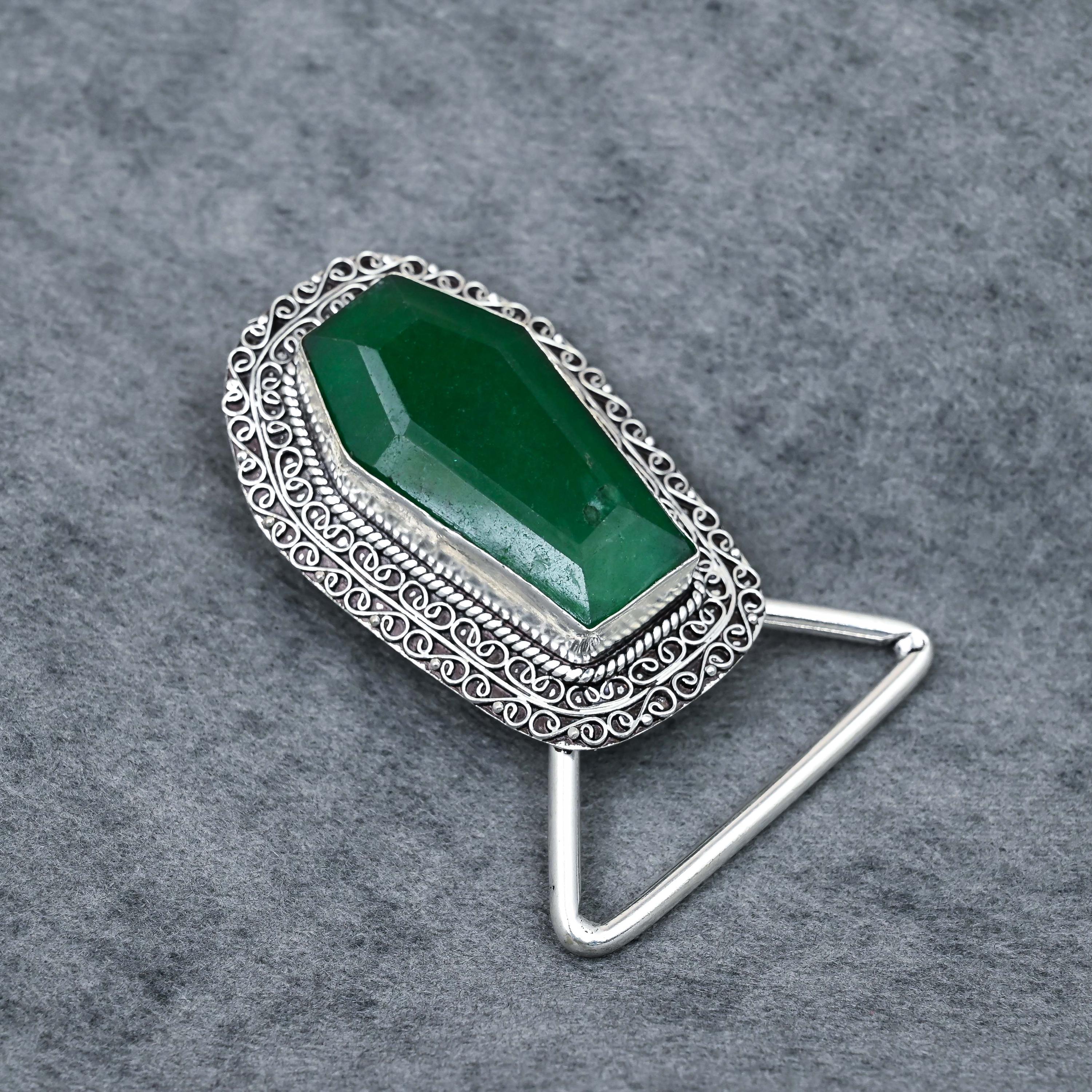 Handcrafted Emerald Coffin Belt Buckle: 925 Sterling Silver  display picture 3