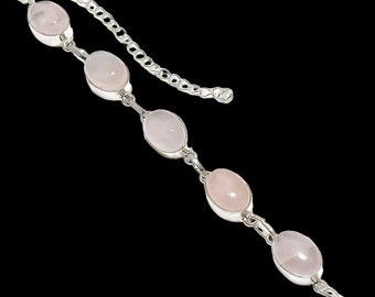 Bracciale artigianale in quarzo rosa: argento sterling 925 con cinque pietre preziose