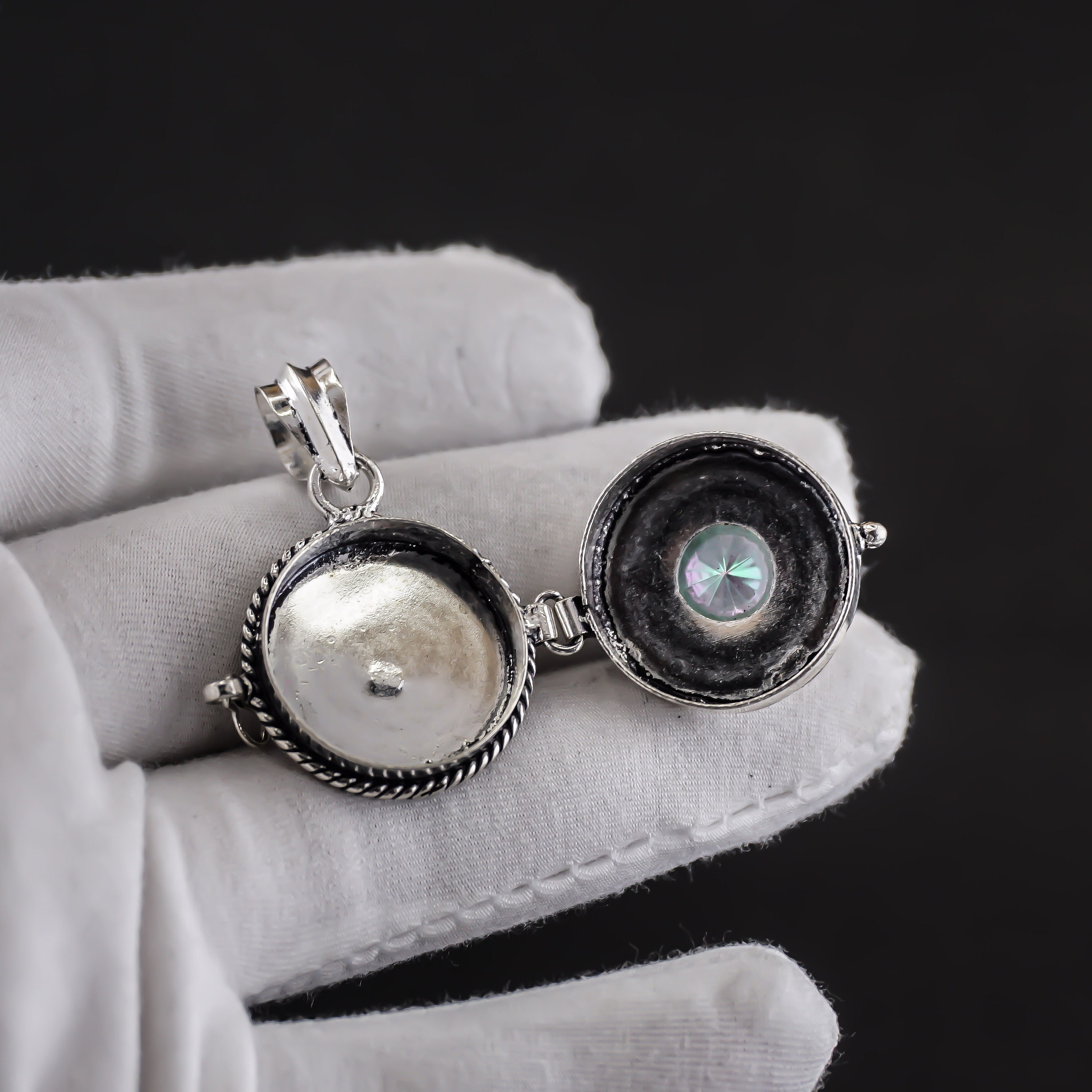 Round Poison Locket Mystic Concave Cut Oxidize Silver Locket