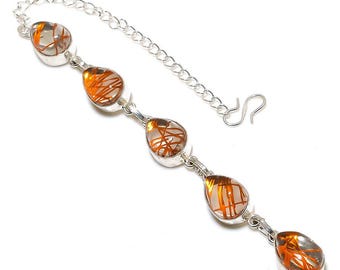 Golden Rutile Sterling Silver Bracelet: Pear Cabochon, Handmade Design