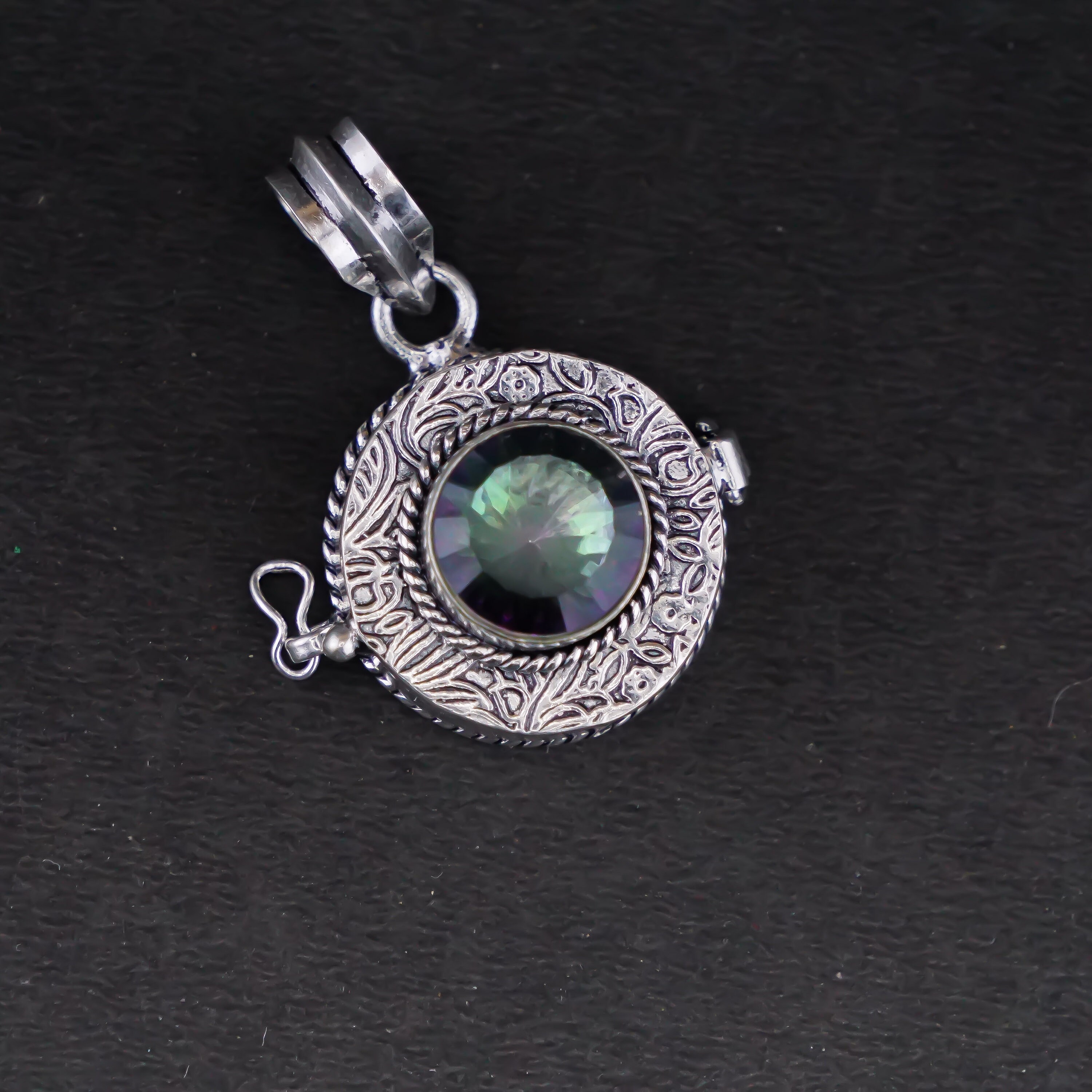 Round Poison Locket Mystic Concave Cut Oxidize Silver Locket
