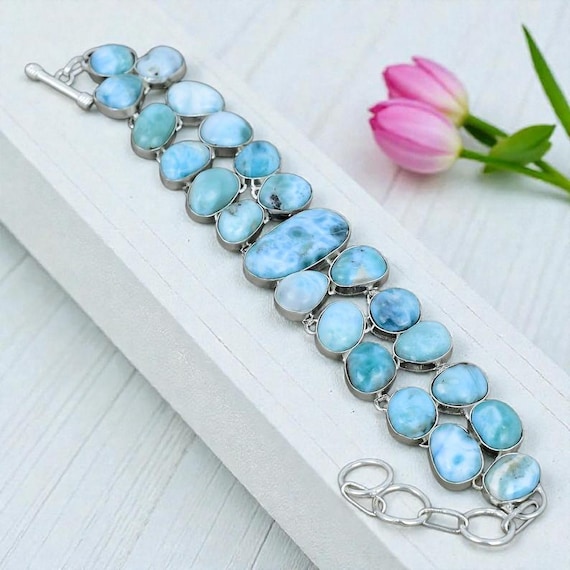Larimar Statement Bracelet, Multi Stone Larimar Silver Bracelet, Rare Dominican Larimar Cuff, Ocean Gemstone Gift for Her