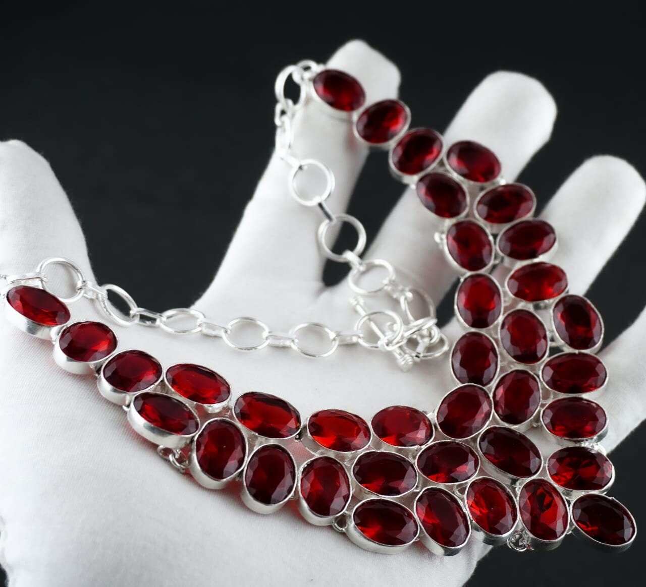Collana Artigianale Argento 925 Con Granato Rosso Creato In Laboratorio – Lunghezza 18 Pollici