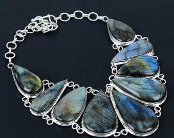 Natuurlijke labradoriet edelsteen handgemaakte 925 sterling zilveren ketting 925 gestempelde edelsteen natuurlijke labradoriet ketting zilveren ketting ForGift