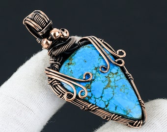 Tibetan Turquoise Copper Wire Wrapped Pendant Gemstone Pendant Copper Jewelry Handmade Pendant Tibetan Turquoise Jewelry Gift for Her Mother