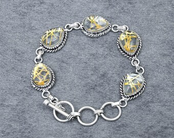 Golden Rutile Cabochon Bracelet: Oxidized Sterling Silver, Handmade