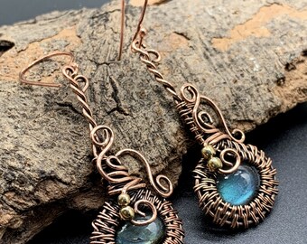 Labradorite Earrings, Handcrafted Copper Wire Wrapped Art Deco Jewelry