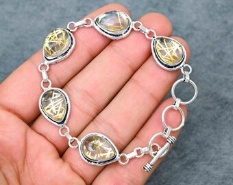 Golden Rutile Cabochon Bracelet: Handcrafted Oxidized Sterling Silver
