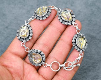 Golden Rutile Cabochon Bracelet: Handcrafted Oxidized Sterling Silver