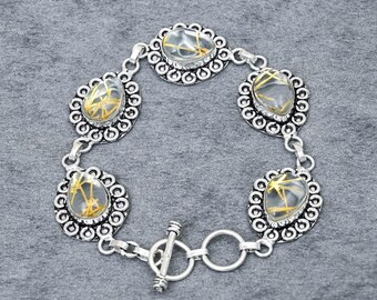 Golden Rutile Cabochon Bracelet: Handcrafted Oxidized Sterling Silver