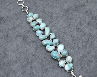 Handcrafted Larimar Cabochon Bracelet: 925 Sterling Silver