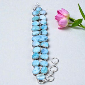 Pu&ograve; includere: Un bracciale in argento con pietre preziose ovali e oblunghe azzurre. Il bracciale &egrave; collegato con maglie d'argento e ha una chiusura a fermaglio. Un tulipano rosa con foglie verdi &egrave; sullo sfondo.