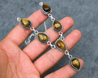 Tigers Eye Cabochon Necklace: Handcrafted Oxidized Sterling Silver