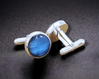 Gemelos de plata de labradorita azul natural, gemelos de plata de ley 925 con piedras preciosas redondas, gemelos de plata de diseñador, gemelos hechos a mano, regalo